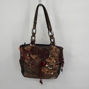 Vtg Mary Francis Mixed Media Tote Shoulder Bag Brown Embellished Beaded Faux Fur